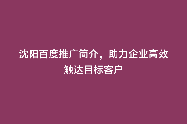 沈阳百度推广简介，助力企业高效触达目标客户